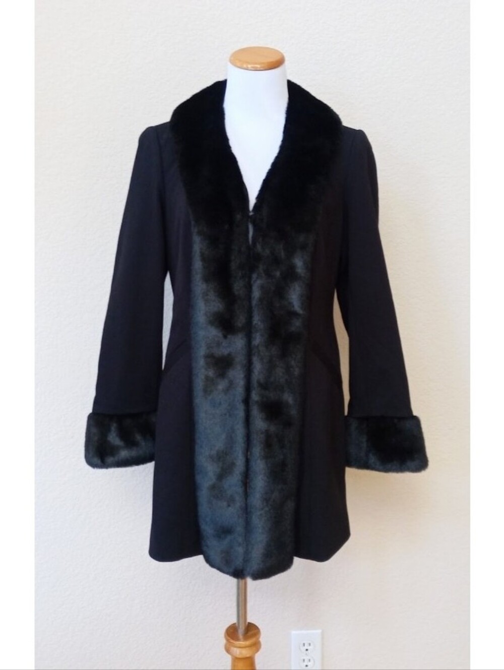 INC International Concepts chic black coat with plush faux fur details